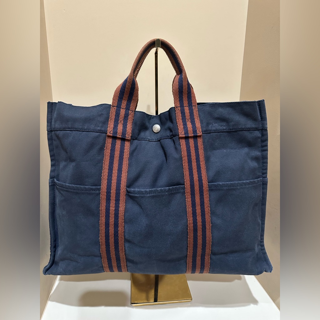 Herms Toile Fourre-Tout Mm Navy & Brown